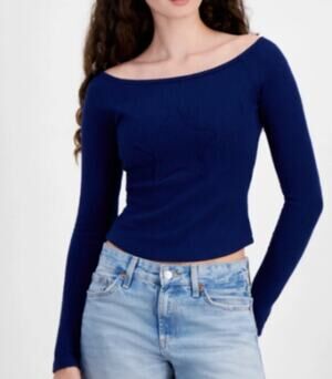 Just Polly Juniors' Star-Patch Rib-Knit Top Navy Blue XS